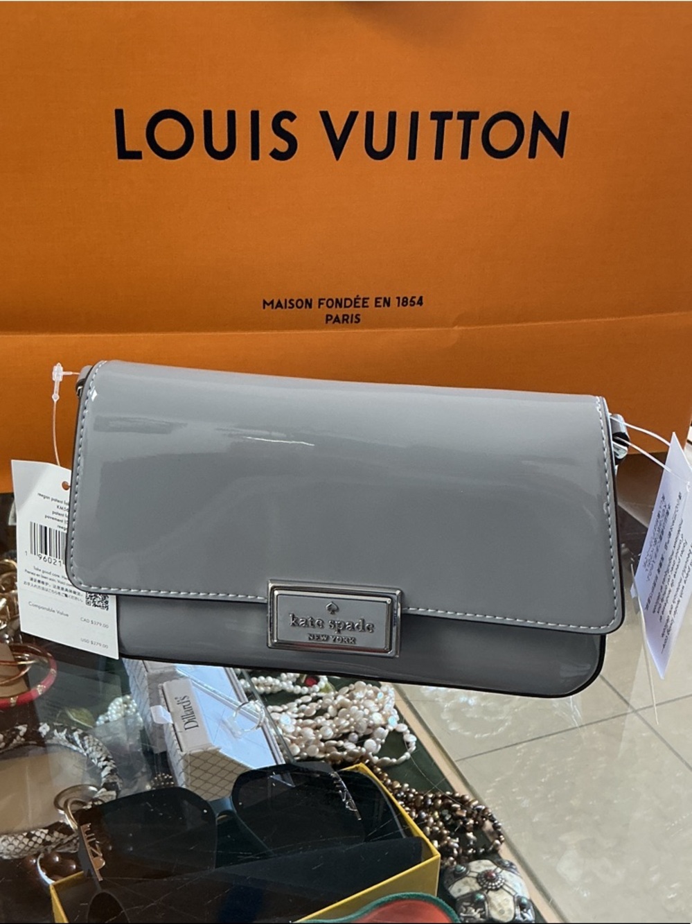 kate spade Gray Patent Leather Crossbody Bag with Silver Plate